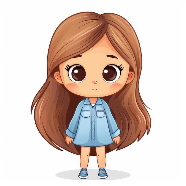 Photo adorable chibi character in denim sundress and long sleeve top ideal