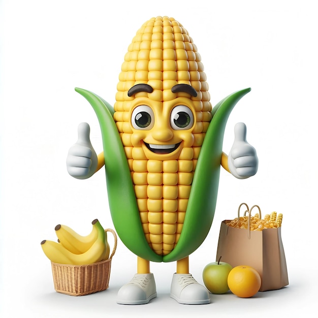 Adorable Chibi Corn Cob Mascot on Isolated White Background