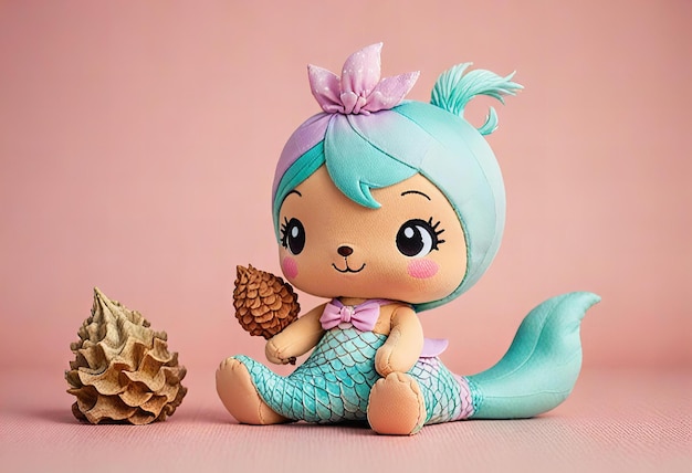 Photo adorable chibi mermaid squirrel in minimalist style reef background