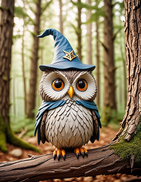 Adorable chibi wizard owl in minimalist style magic forest background