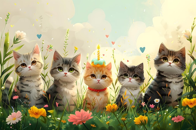 Adorable ChibiStyle Cats Celebrating With Flowers And Hearts