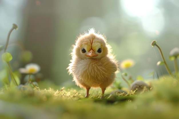 Adorable chick in sunlit meadow