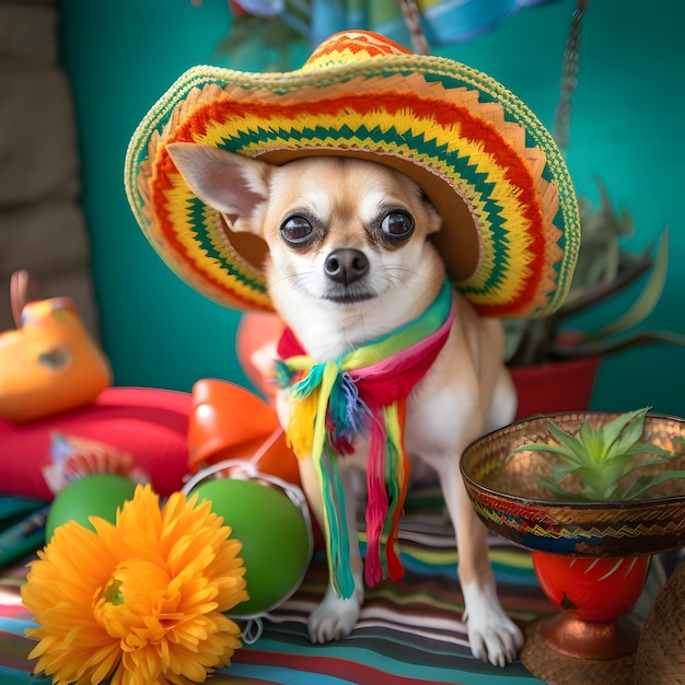 Adorable chihuahua dog with mexican sombrero hat Happy Cinco De Mayo fashion