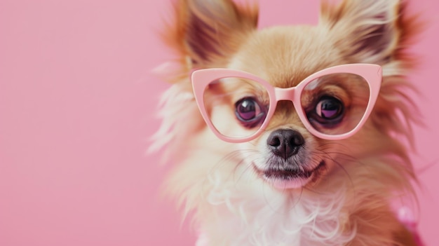 An adorable Chihuahua dons oversized pink glasses against a pink background exuding charm and whimsical style