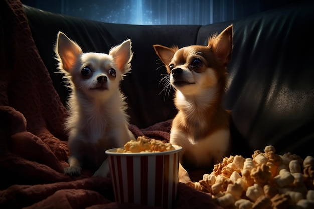 Adorable Chihuahuas Engrossed in a Movie Generated Ai