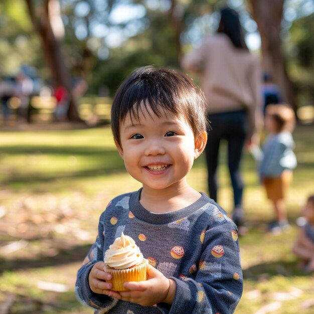 Adorable child holding one cupcake smiling with children in the background at a park