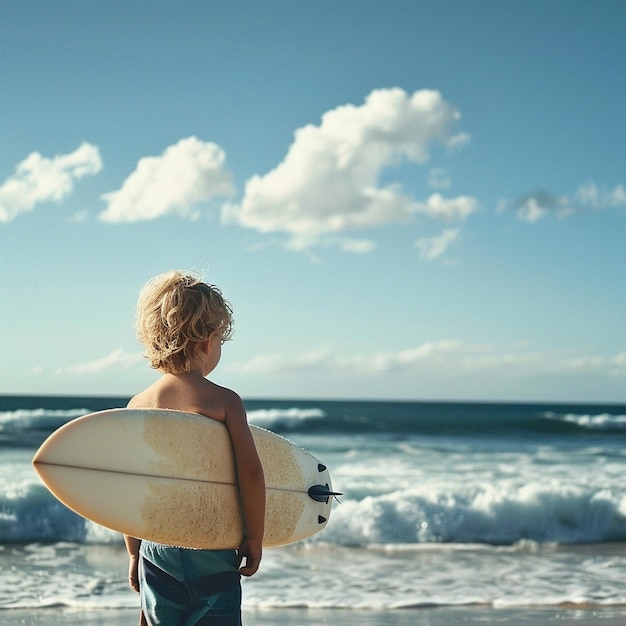 Photo adorable child riding a surfboard capturing the essence of beach fun