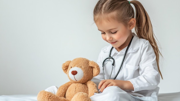 Adorable Child Roleplaying Doctor with Stuffed Toy on White Background