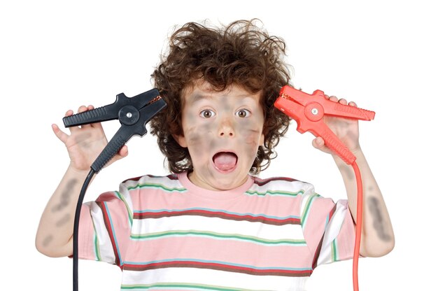 Adorable child victim with electricity a over white background