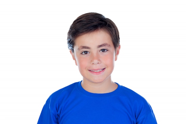 Adorable child with blue T-shirt looking at camera isolated on a white space