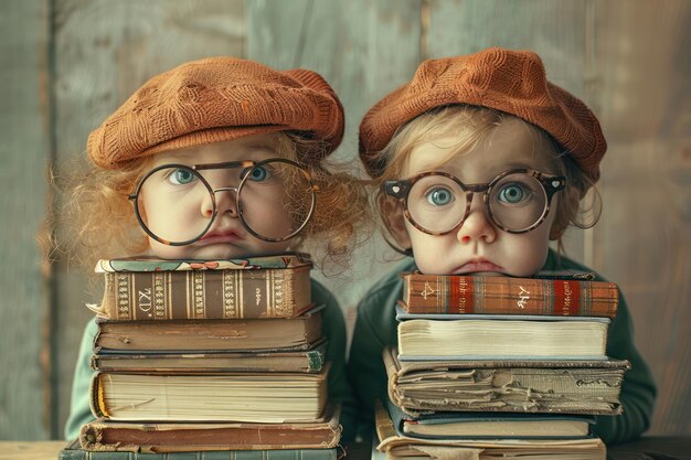 Photo adorable children in glasses with stacks of books back to school concept portrait of joyful