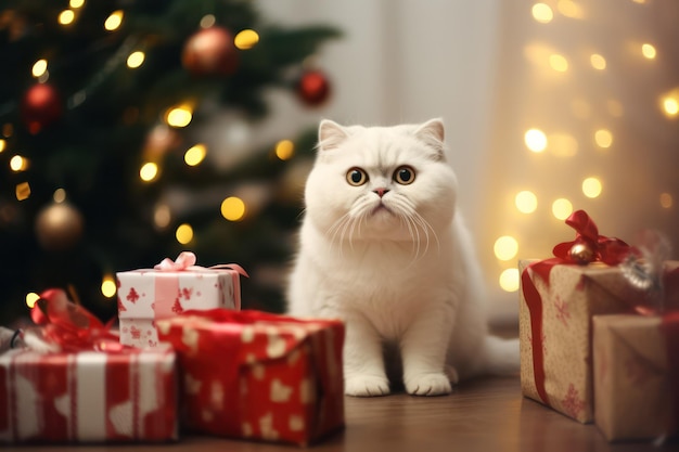 Adorable Christmas Cat with Festive Decorations at Home