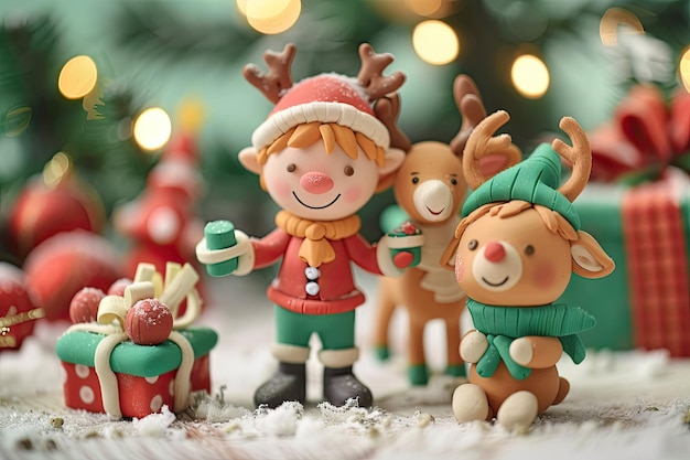 Adorable Christmas figures made from plasticine Reindeer and Elf wrapping presents