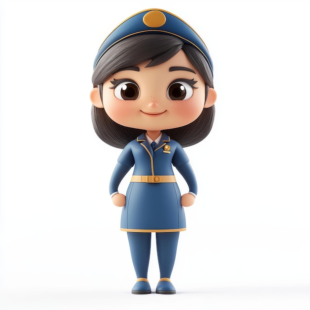 Adorable clay 3D clipart character in a flight attendant uniform