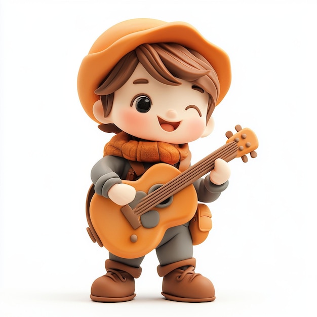 Adorable clay 3D clipart character in a musiciana outfit holding a guitar