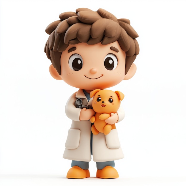 Adorable clay 3D clipart character in a veterinarian coat holding a pet caring