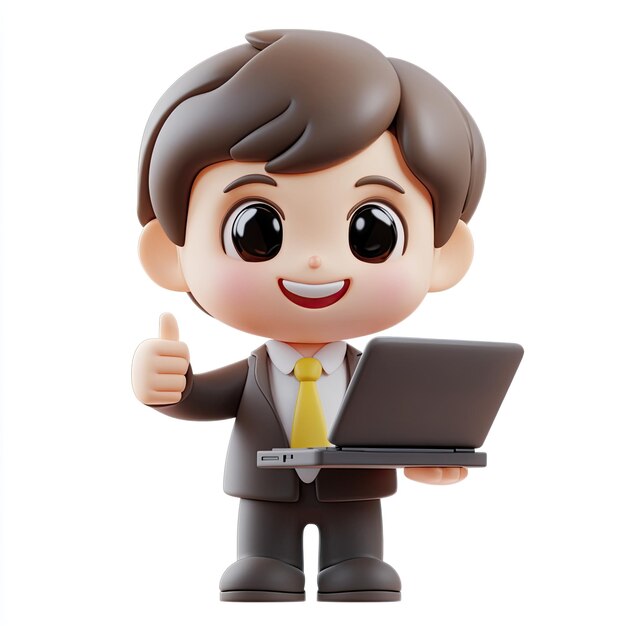 Photo adorable clay cute little businessman with a laptop showing thumbup