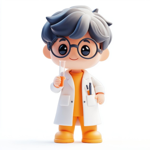 Adorable clay Scientist in a lab coat holding a test tube