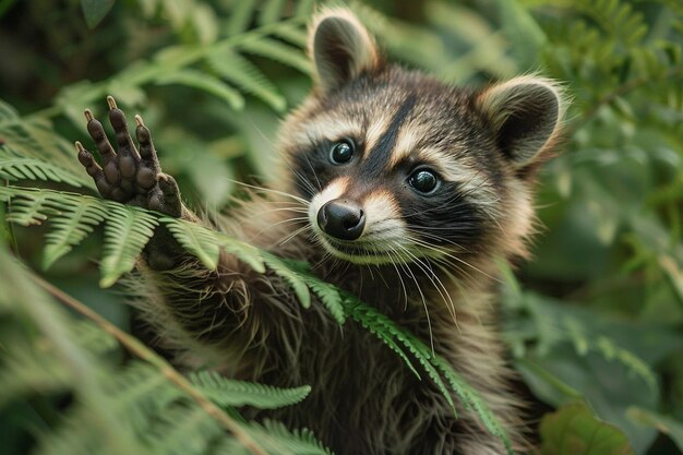 An adorable closeup of a baby raccoon with a curio generative ai