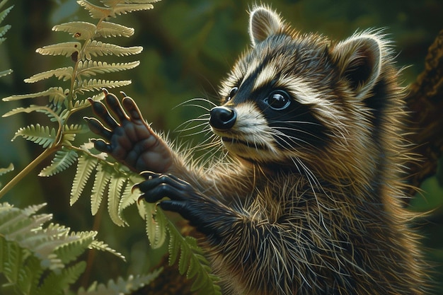 An adorable closeup of a baby raccoon with a curio generative ai