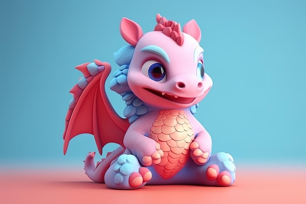 Adorable colorful baby dragon childish style generated in 3d with soft pastel colors background