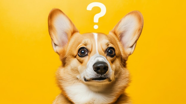 Photo adorable confused corgi dog surrounded by question marks on a bright yellow backdrop