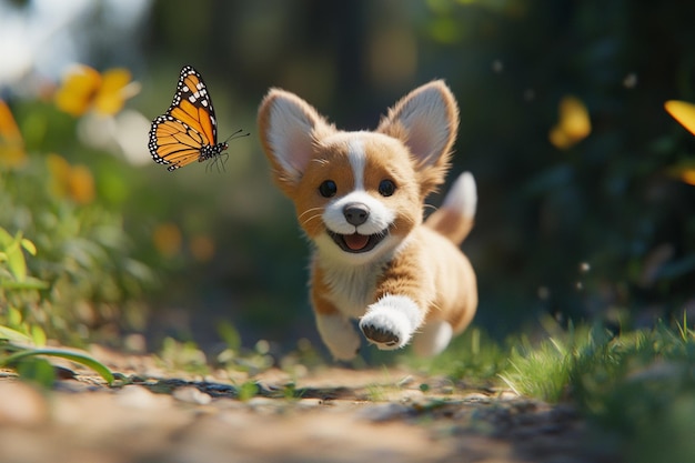 Photo adorable corgi chasing a butterfly