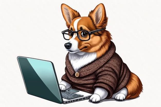 Adorable corgi wearing a sweater and glasses concentrating on his laptop