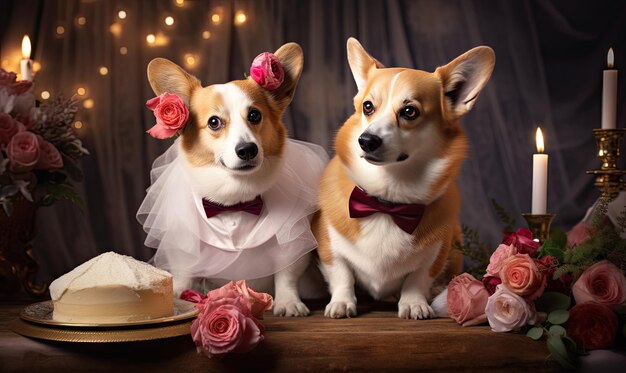 Adorable corgis in bow ties enjoy a Valentine's date surrounded by roses exuding warmth love and a touch of sophistication