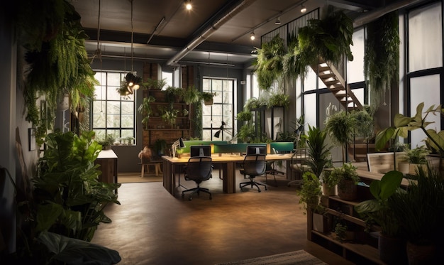 Adorable cozy office with lots of greenery Spacious room with big windows and multiple pots with plants Generative AI