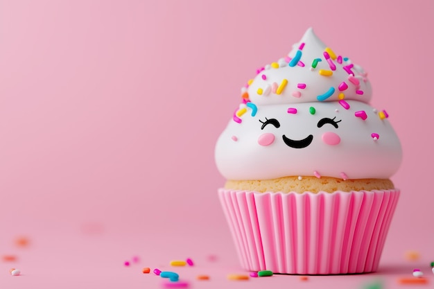 Adorable cupcake with a smiling face white frosting and colorful sprinkles in a pink wrapper Perfect