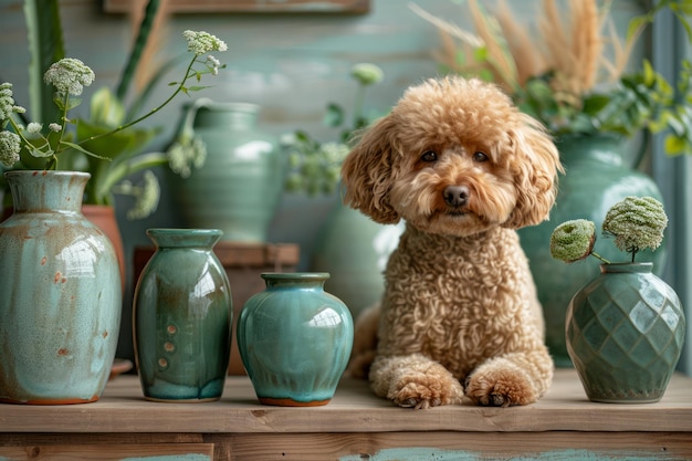 Adorable Curly Haired Apricot Poodle Poses in Serene Home Setting Surrounded by Decorative Green