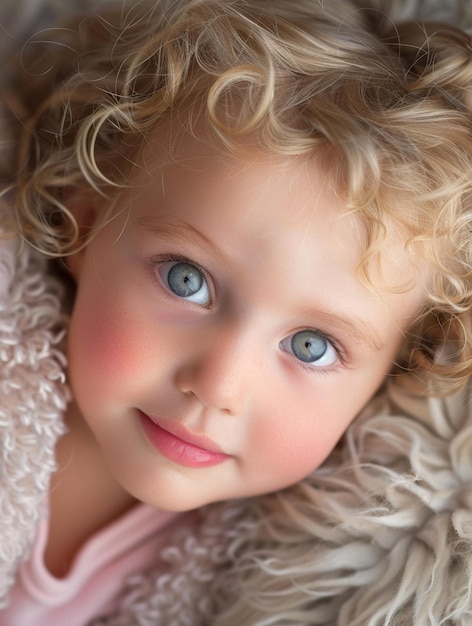 Adorable CurlyHaired Child with Blue Eyes and Rosy Cheeks