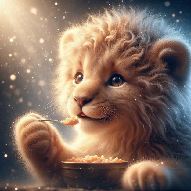 Adorable cute lion is eating while smiling