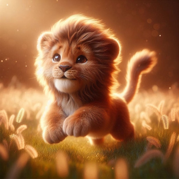 Adorable cute lion jumping and running in the grassland