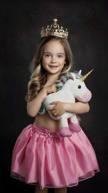 Photo adorable cute little girl dressed like princess in pink skirt posing isolated and holding unicorn s