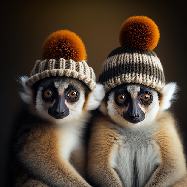 Adorable cute monkeys lemurs loris in knitted hats closeup funny illustrations with animals