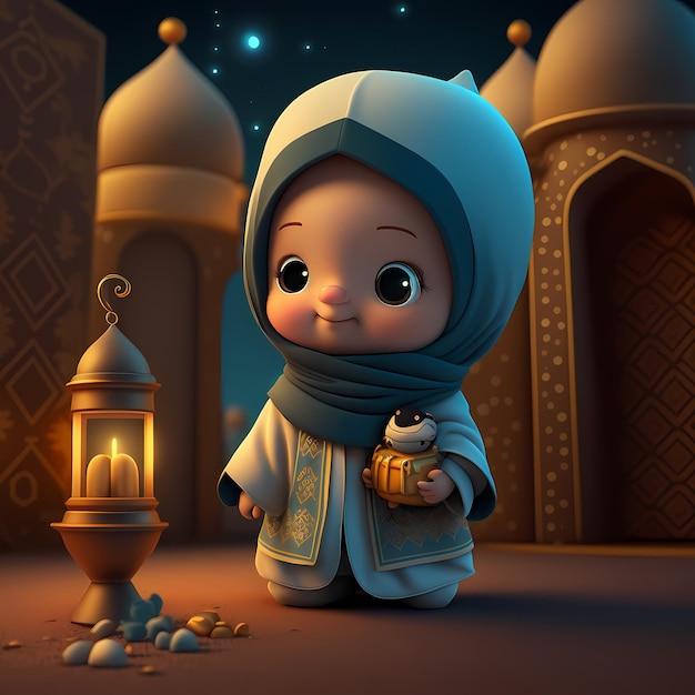 Adorable and Cute Muslim Children cartoon character 3D Rendering