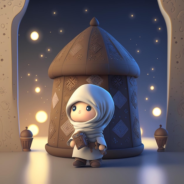 Adorable and Cute Muslim Children cartoon character 3D Rendering