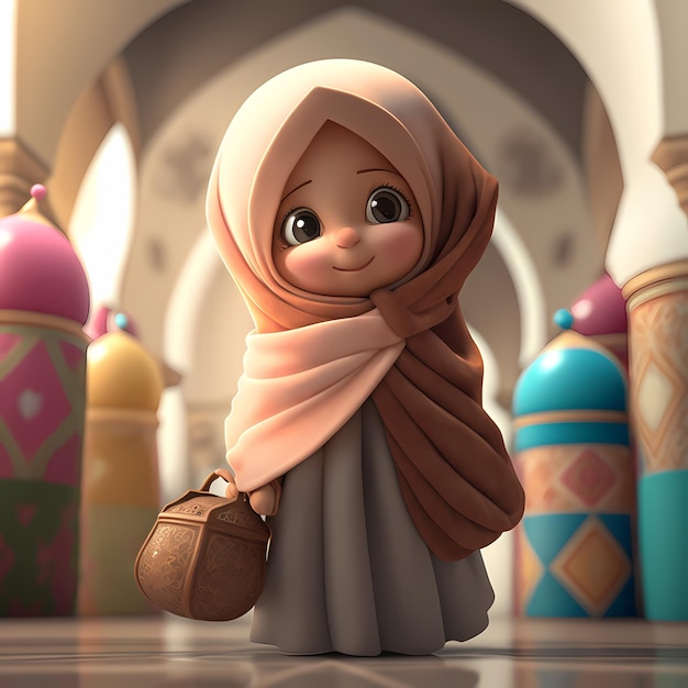 Adorable and Cute Muslim Children cartoon character 3D Rendering