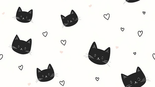 Photo adorable and cute seamless pattern featuring black cat faces surrounded by colorful hearts