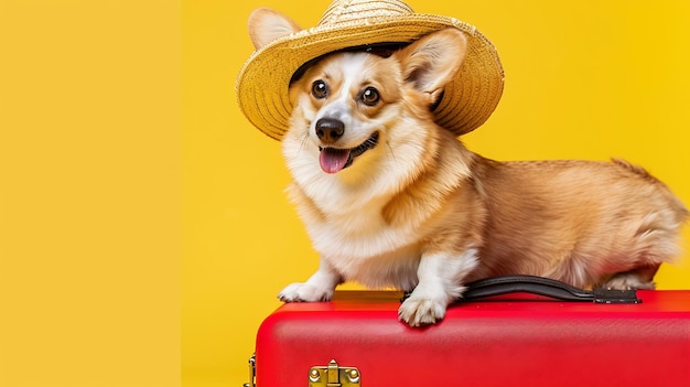 Adorable cute Welsh Corgi Pembroke going on vacation standing on red suitcase with s Generative AI