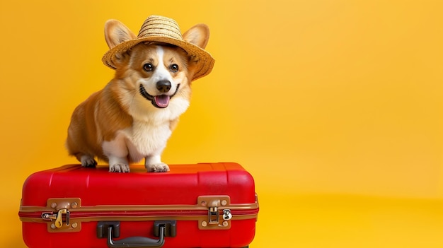 Adorable cute Welsh Corgi Pembroke going on vacation standing on red suitcase with s Generative AI