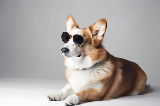 Adorable cute welsh corgi pembroke wearing sunglasses sitting on white background and looking at side most popular breed of dog