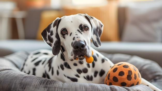 Adorable Dalmatian Puppy Relaxing with Chew Toy at Home