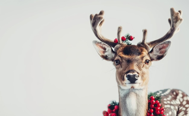 Photo adorable deer adorned with festive wreath and antlers concept of holiday animal christmas decoration winter festivity seasonal celebration