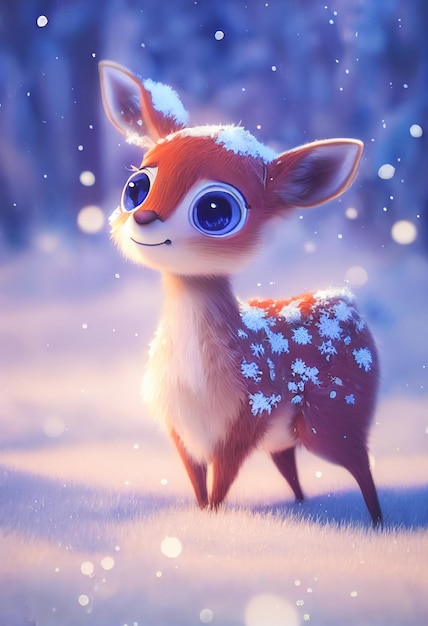 Adorable deer on a bokeh background with snow Christmas background concept