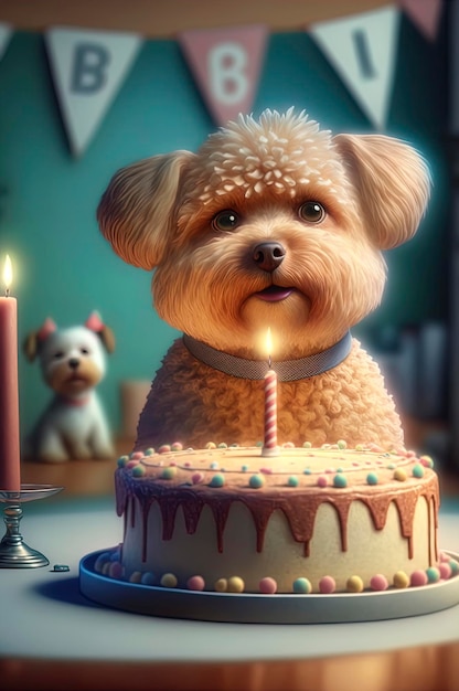 Adorable dog in birthday party with cake