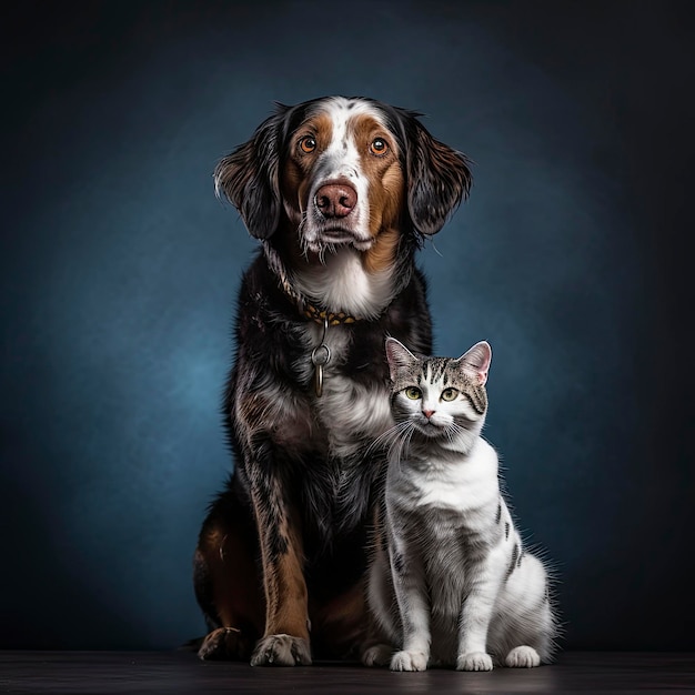 Adorable dog and cat sitting together Studio shot on dark background