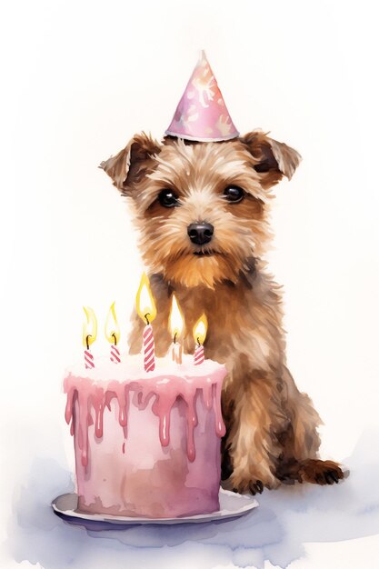 Adorable dog celebrate birthday with cake and candles in watercolor illustration